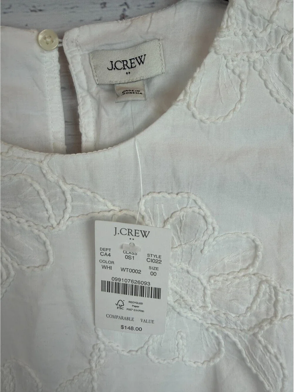 J.CREW white cotton embroidered puff sleeve pockets lined mini dress size 00 NWT
